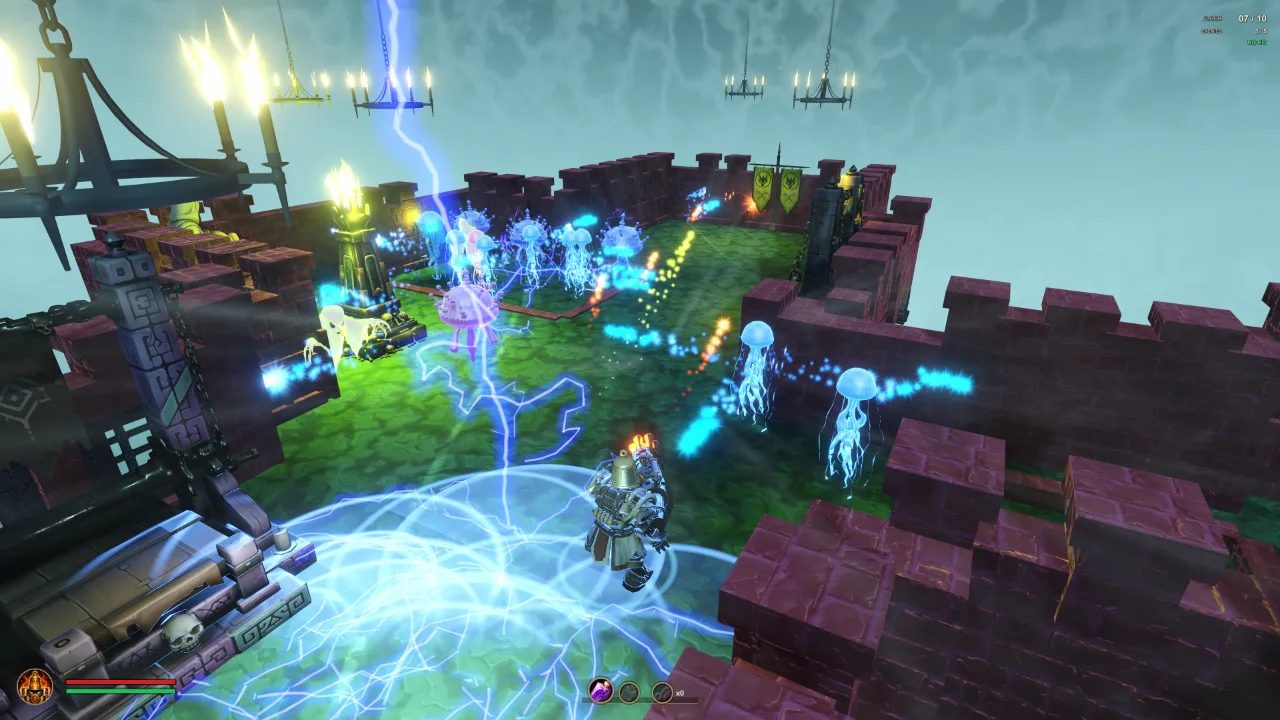 The Bell-Bound Bombardier stands inside crackling electric magic facing the jellyfish sparkers and bolters.