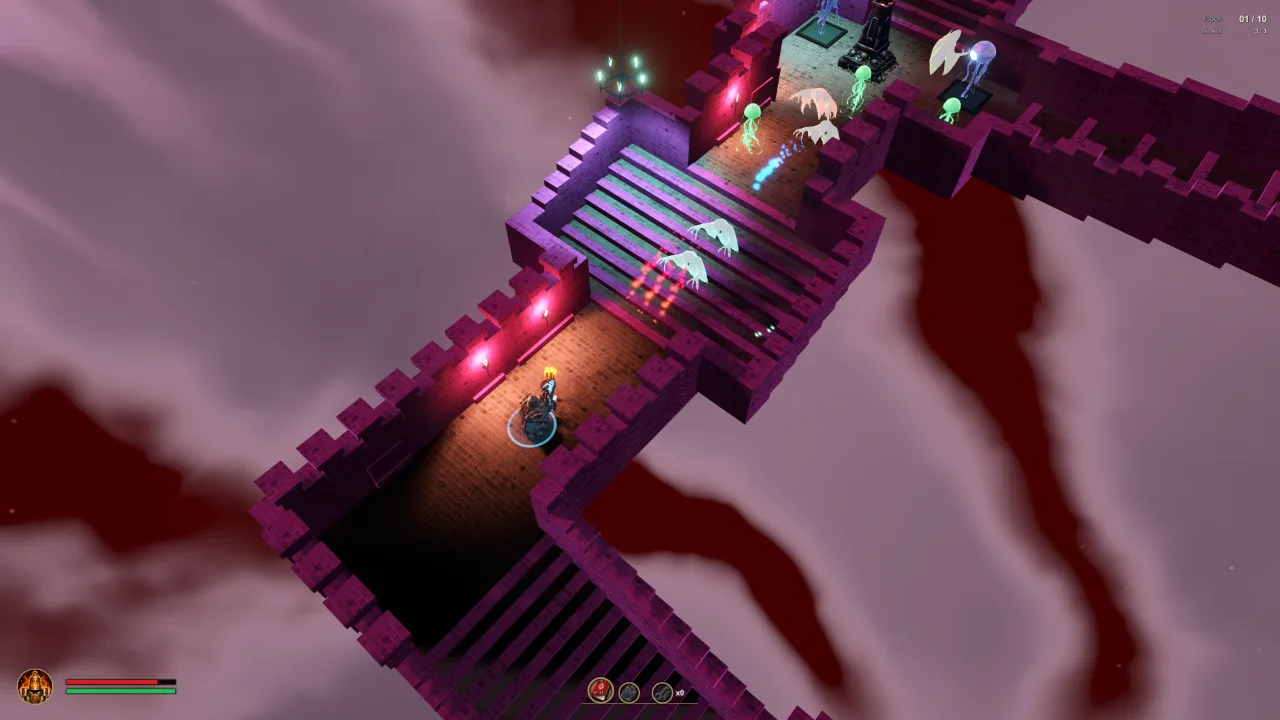 Isometric view of the Bombardier climbing the spire, crossing a magenta-lit castle bridge toward enemies.