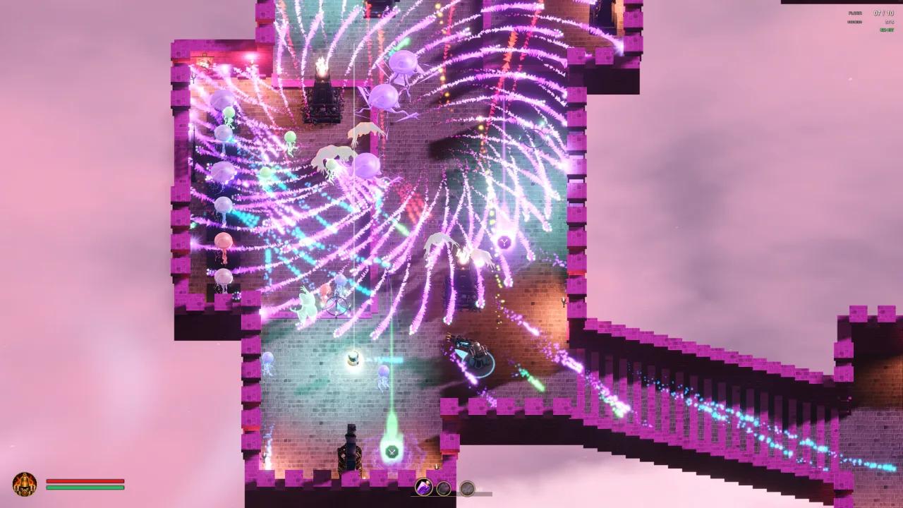 Top-down view of the Bell-Bound Bombardier dodging dense purple projectile spirals from the jellyfish spinners.