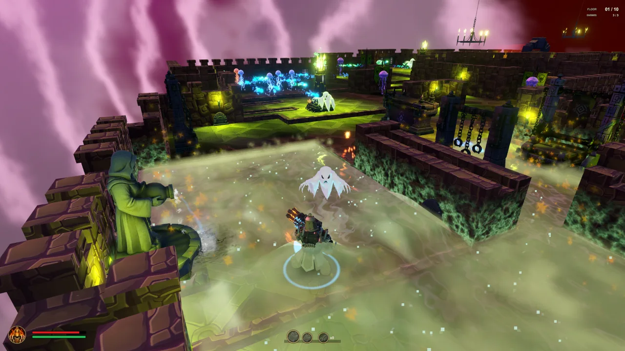 The Bombardier confronts a ghost grunt in a green-lit castle arena filled with mist and ranged attacks.