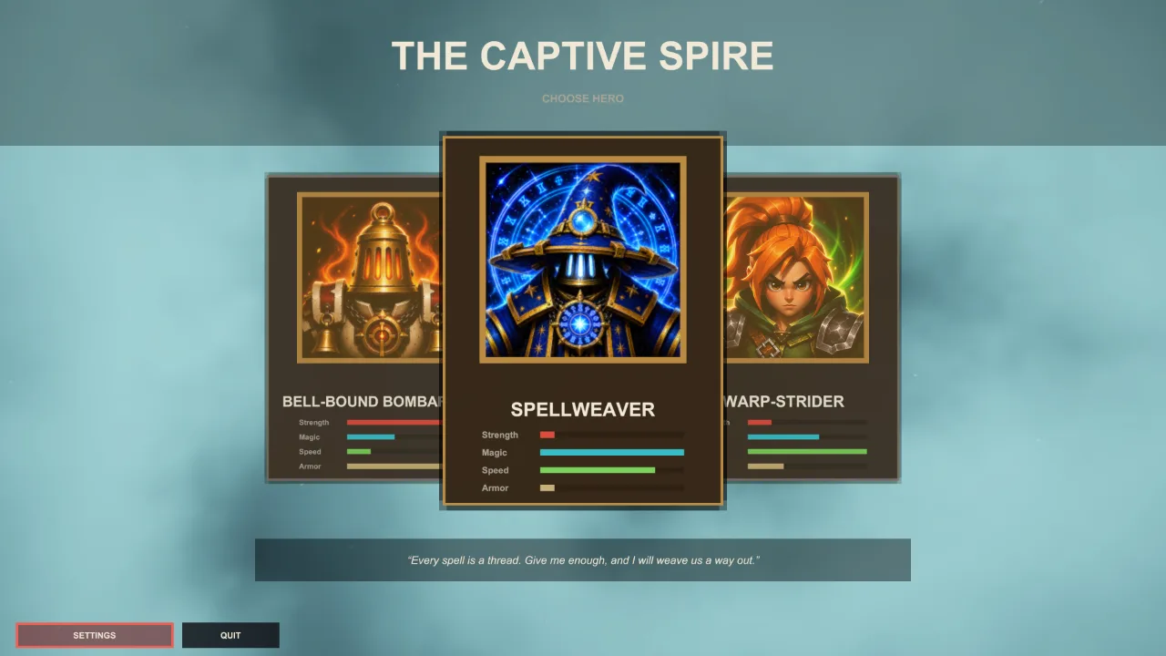 Character select screen for The Captive Spire showing the Spellweaver, Bell-Bound Bombardier and the Warp-Strider.