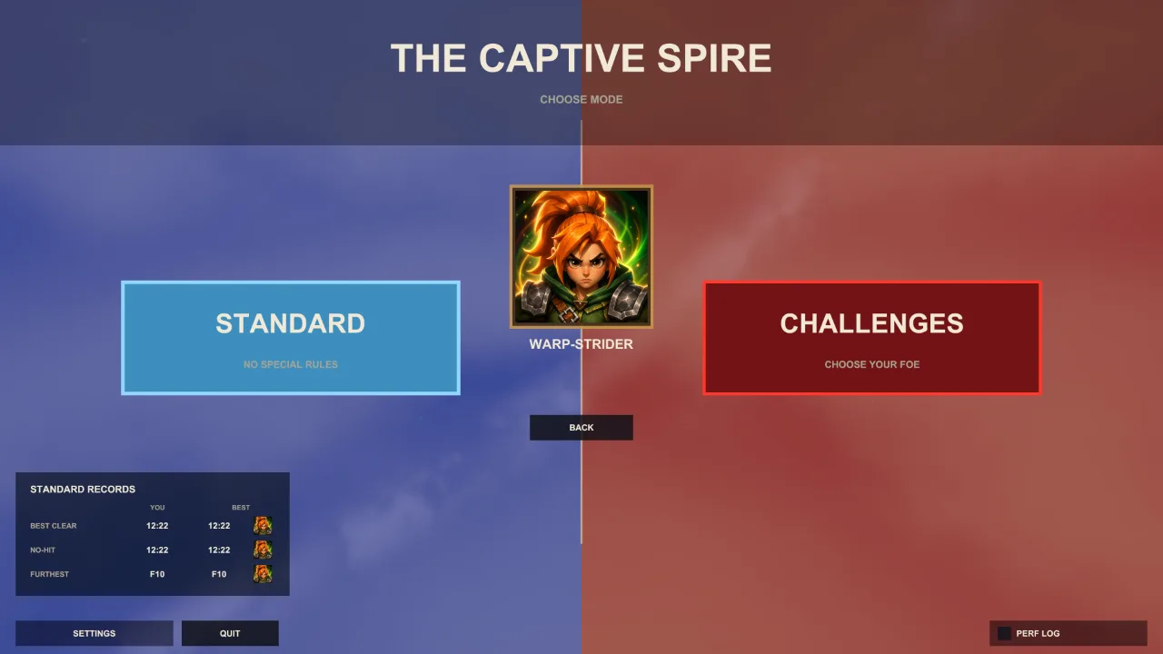 Game mode selection screen for The Captive Spire, showing a normal playthrough and challenge modes against each enemy family found in the dungeon.