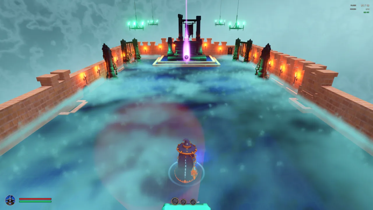The Spellweaver faces a glowing altar on a serene, mist-covered floating platform, contemplating the horrors to come.