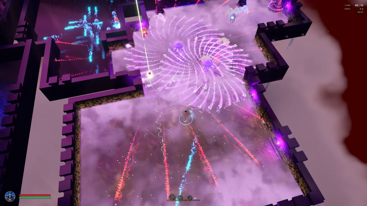 Isometric view of the Spellweaver weaving through a wide spiral of purple projectiles from the spinners.