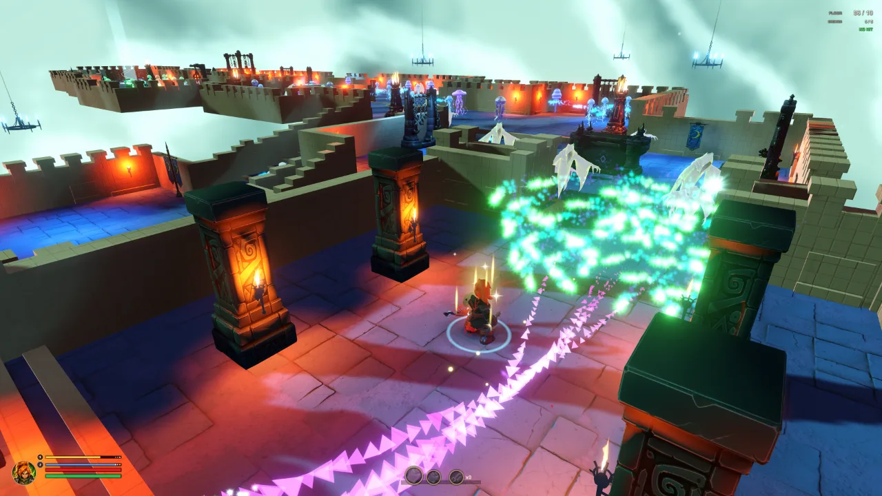 Over-the-shoulder view of the Warp-Strider facing ghost sorcerers and their green projectile patterns across a torch-lit castle tier.