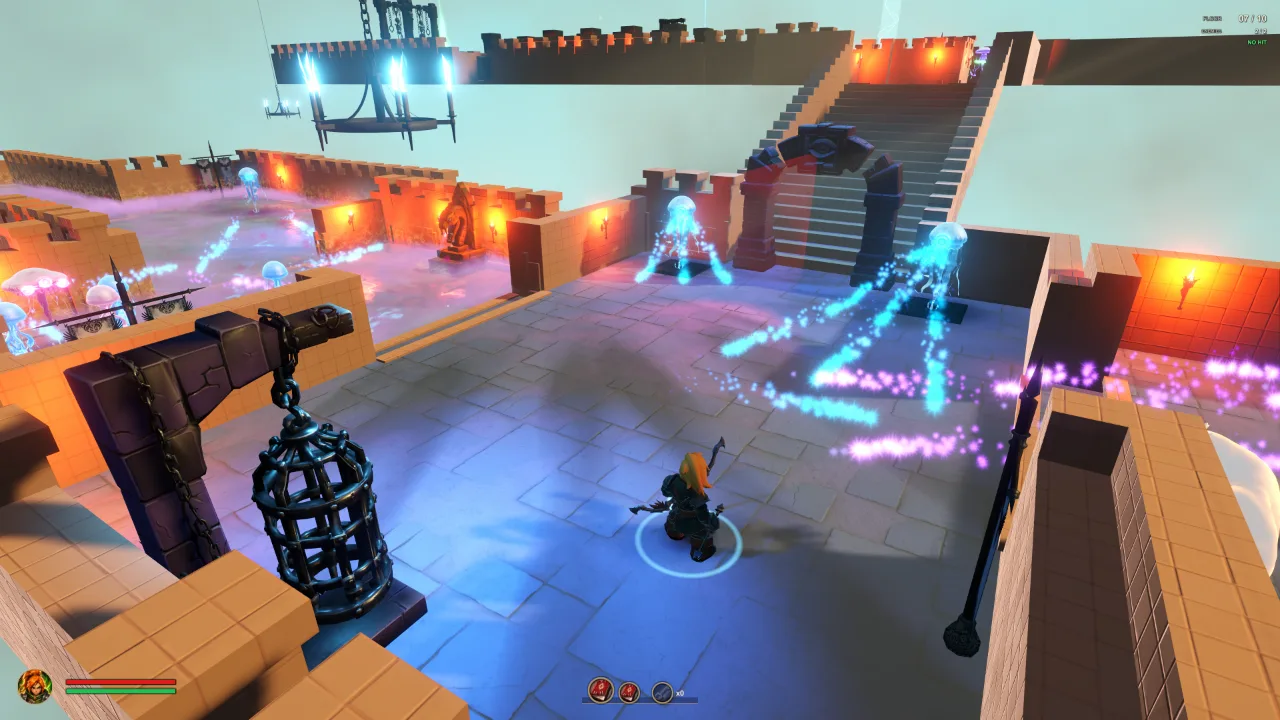 The Warp-Strider faces off against the living guardian turrets of the dungeon, their blue and pink projectiles crossing a sunlit castle arena.