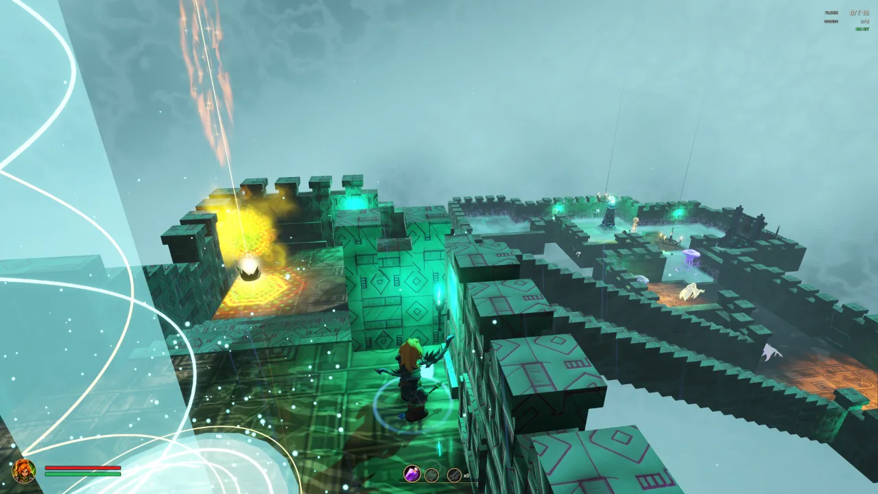 The Warp-Strider looks down from a high platform, surveying the path taken through castle rooms suspended in fog.